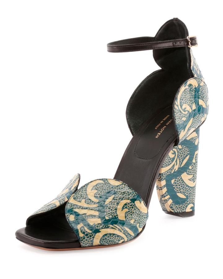Printed Watersnake Curve-heel Sandals, Petrol