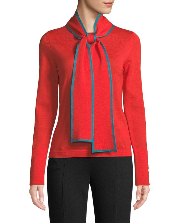 Long-sleeve Contrast Trim Neck-sash Wool Pullover Top