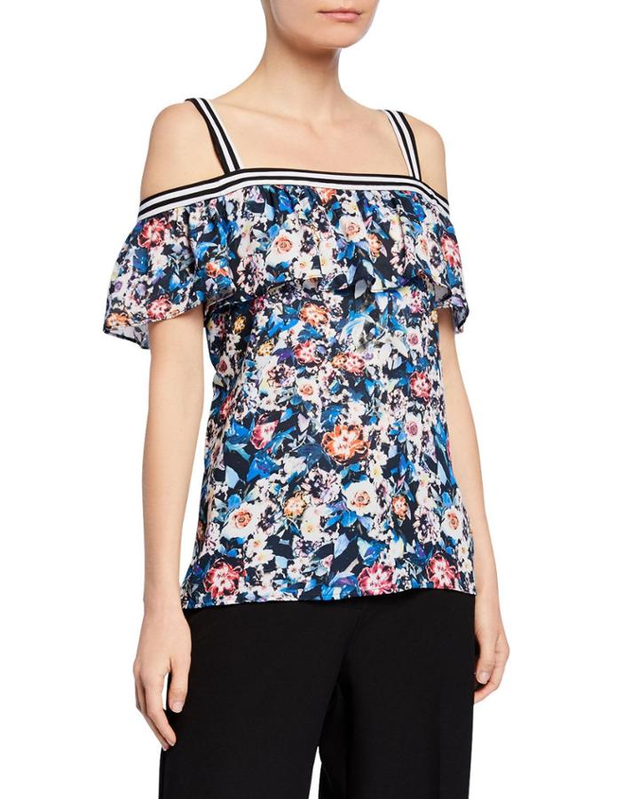 Floral-print Cold-shoulder Ruffle Top W/