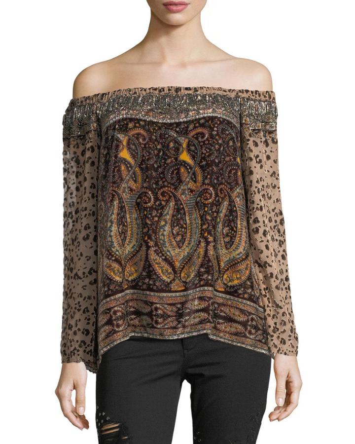Sahara Off-the-shoulder Multi-printed Beaded Top