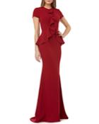 Ruffle Crepe Short-sleeve Column Gown