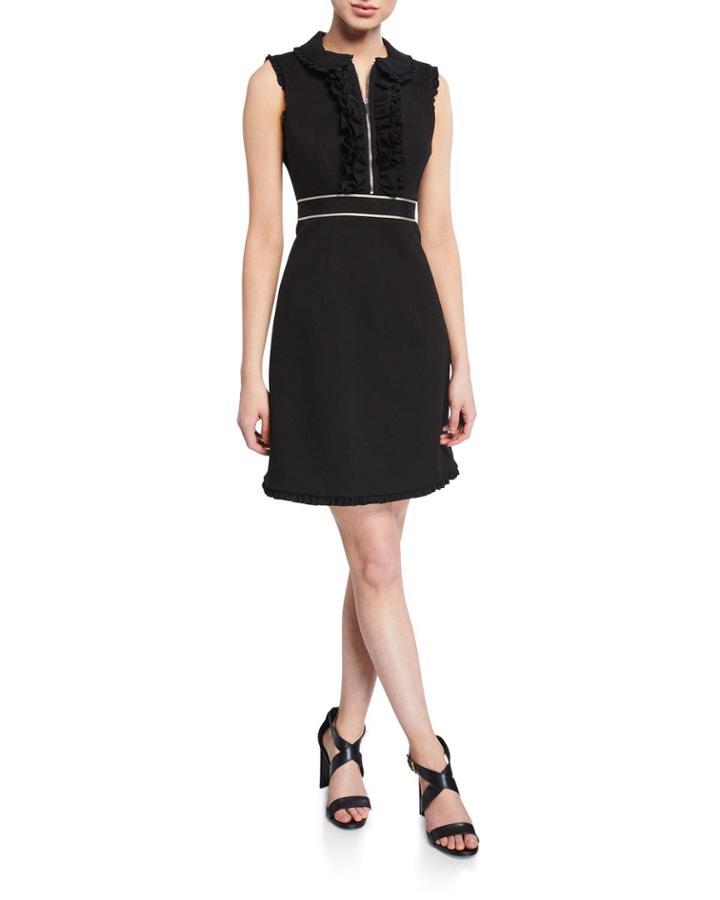 Zip-front Sleeveless Pleat Trim Dress