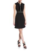Zip-front Sleeveless Pleat Trim Dress