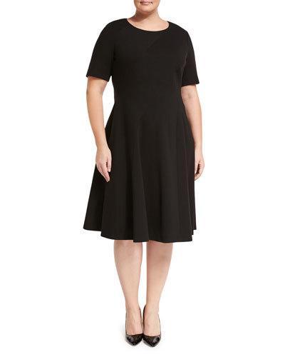 Half-sleeve A-line Ponte Dress, Black,