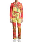 Men's Long-sleeve Abstract-print Jumpsuit, Fuchsia/orange