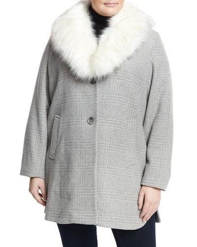 Olivia Faux-fur Plaid Coat, Heather Gray