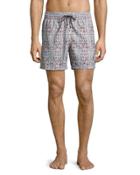 Brick-print Swim Trunks, Blue Pattern