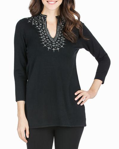 Embellished-neck 3/4-sleeve Tunic