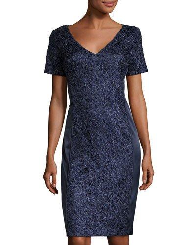 V-neck Lace & Satin Sheath Dress, Navy
