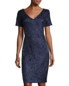 V-neck Lace & Satin Sheath Dress, Navy