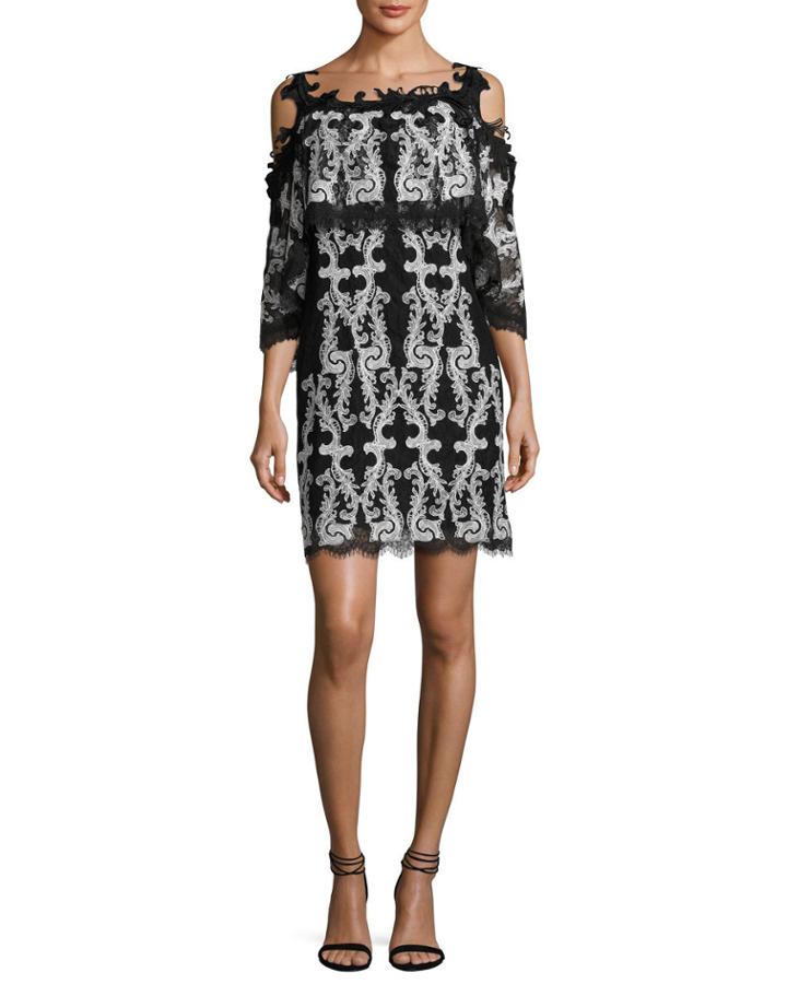 Reanna Cold-shoulder Lace-trim Popover Dress, Black/white