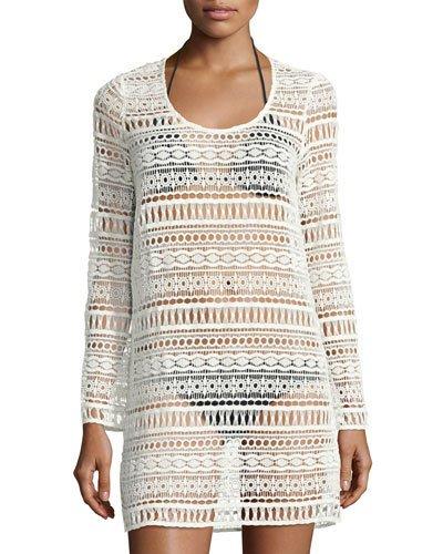 Freedom Long-sleeve Crochet Coverup, White