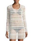 Freedom Long-sleeve Crochet Coverup, White