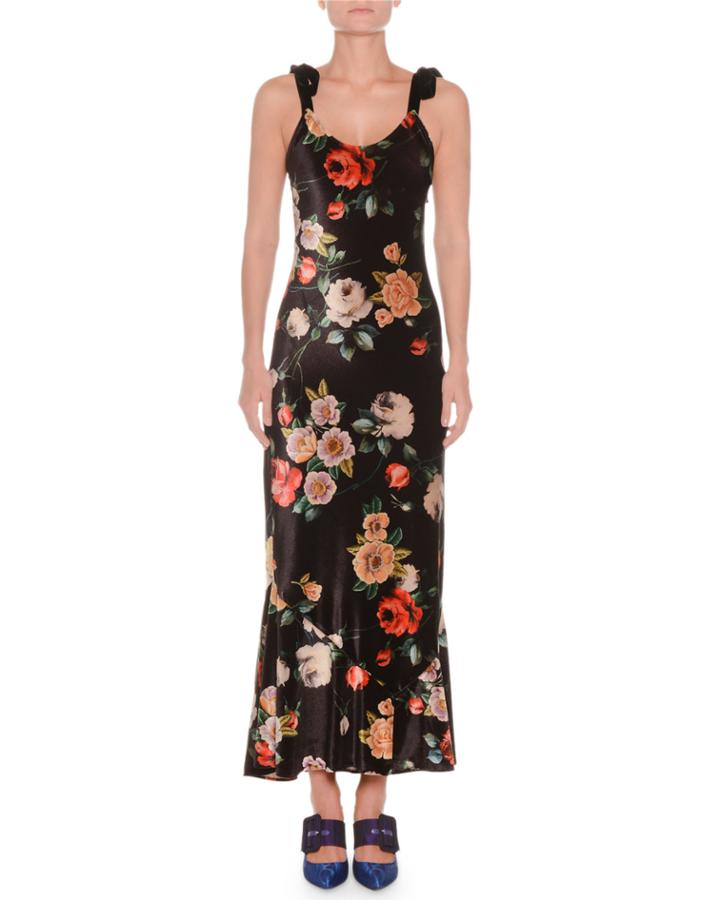 Scoop-neck Tie-strap Floral-print Velvet Ankle-length Gown