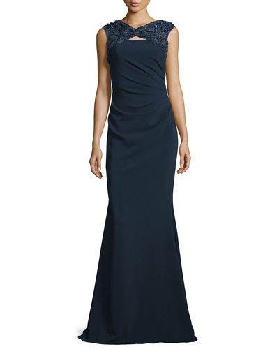 Embellished-yoke Mermaid Gown, Navy