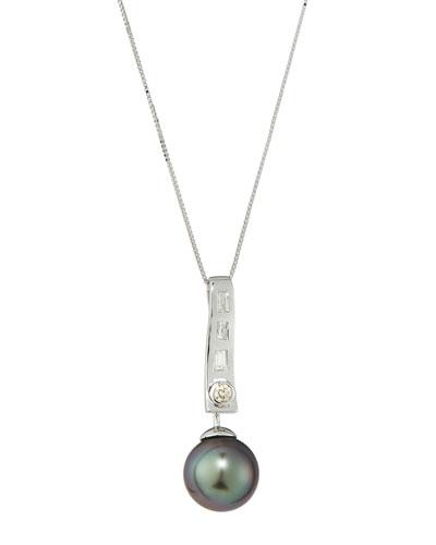 14k White Gold Diamond & Tahitian Pearl Pendant Necklace