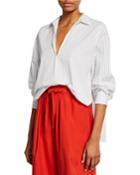 Bar-stripe V-neck Long-sleeve Swing Front Blouse
