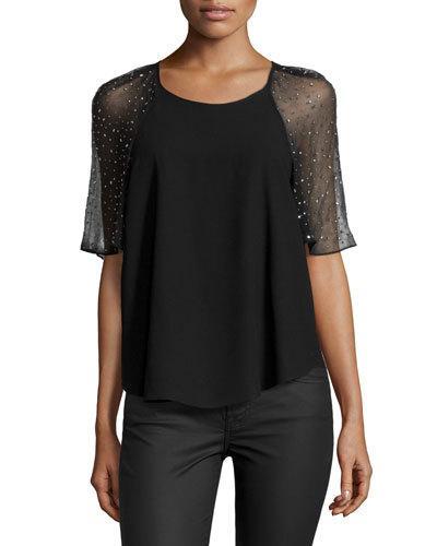 Short-sleeve Embellished Chiffon Trim, Black