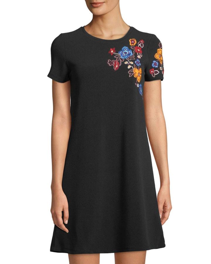 Short-sleeve A-line Dress W/ Floral Embroidery