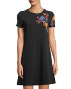 Short-sleeve A-line Dress W/ Floral Embroidery
