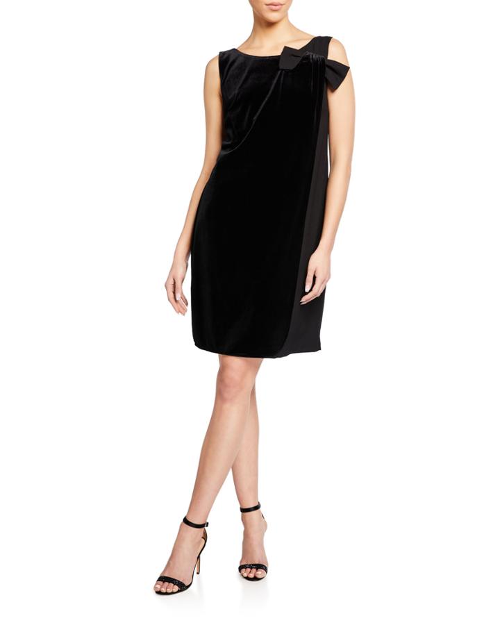 Velvet Overlay Sleeveless Shift Dress W/ Bow Detail