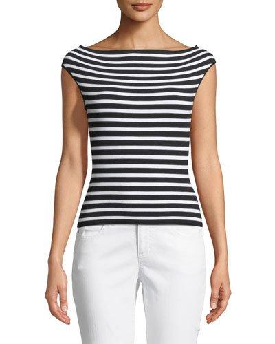 Striped Off-the-shoulder Cap-sleeve Sweater, Black/white