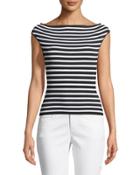 Striped Off-the-shoulder Cap-sleeve Sweater, Black/white