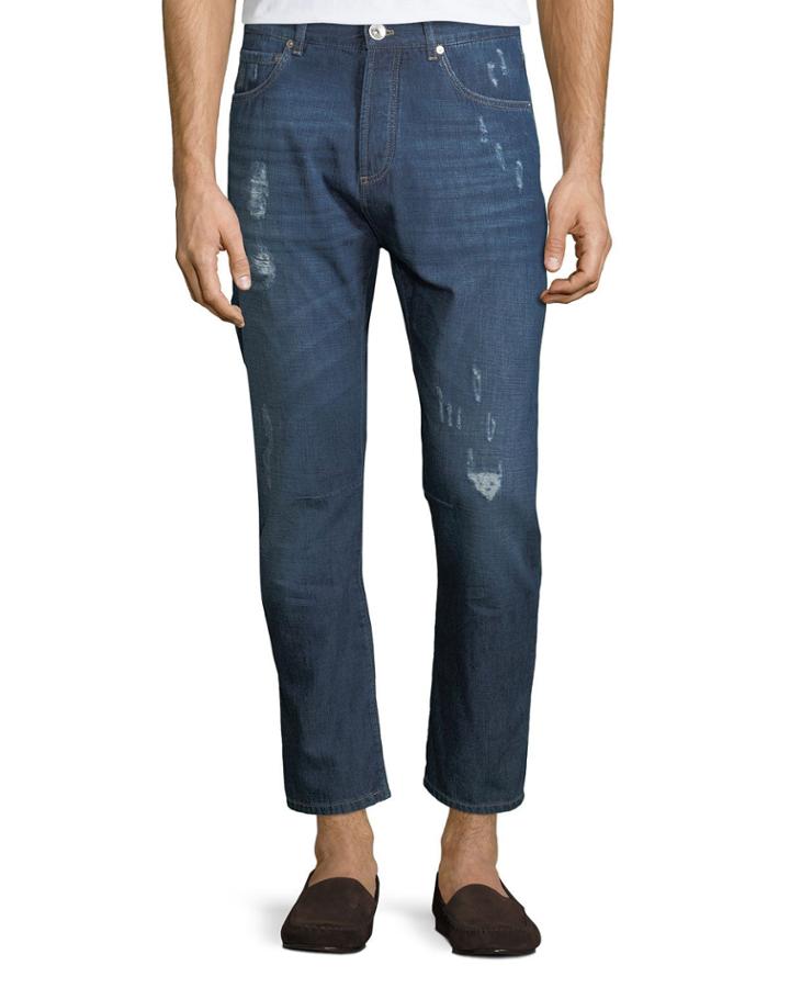 Men's Leisure-fit Distressed Selvedge Denim Jeans