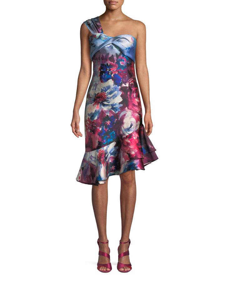 Floral-print One-shoulder Cocktail Dress