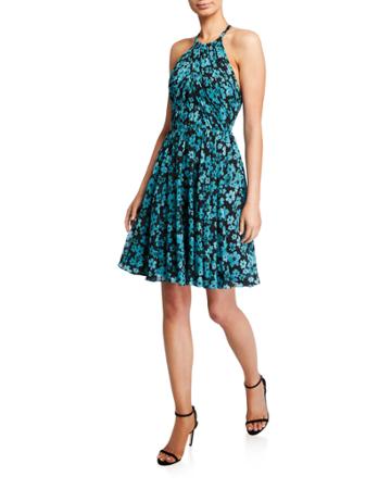 Floral Ruched Open-back Halter Dress