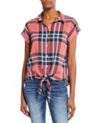 Plaid Short-sleeve Button-front Tie-hem