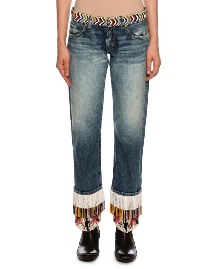 Fringe-beads Straight-leg Boyfriend Jeans