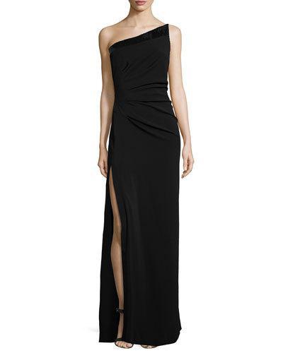 One-shoulder Side-slit Evening Gown, Black
