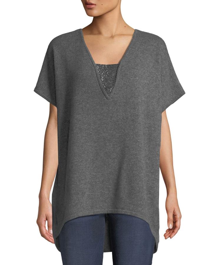 Cashmere V-neck Poncho Top With Chain Detail