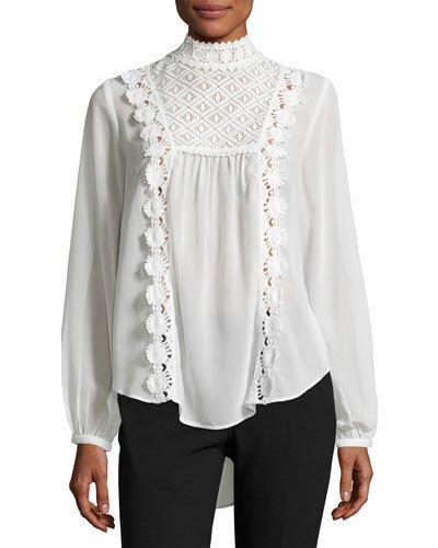 High-neck Crochet-trim Blouse, White