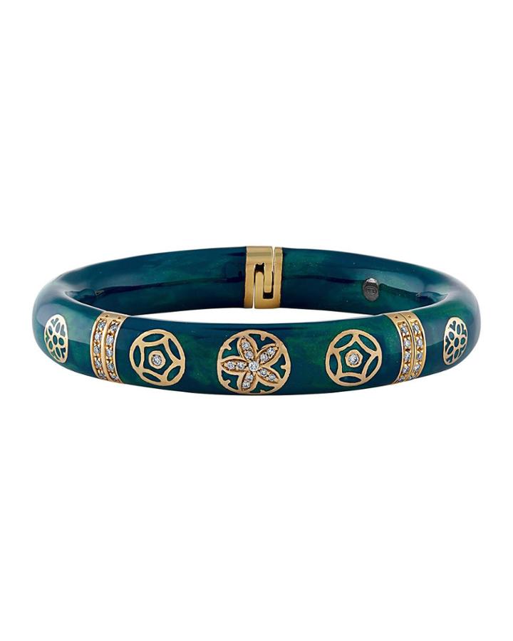 18k Yellow Gold Thin Diamond Wheel Bangle, Blue