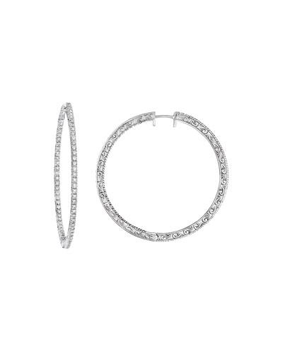 Large 18k White Gold & Diamond Engraved Hoop Earrings