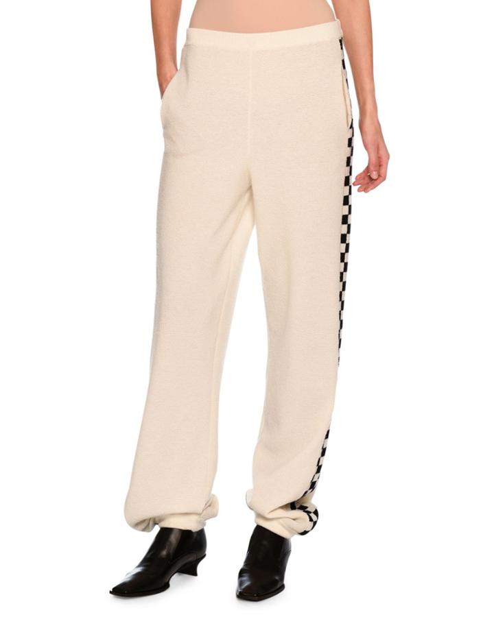Checkerboard-trim Virgin Wool Jogger Pants, White/black
