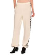 Checkerboard-trim Virgin Wool Jogger Pants, White/black