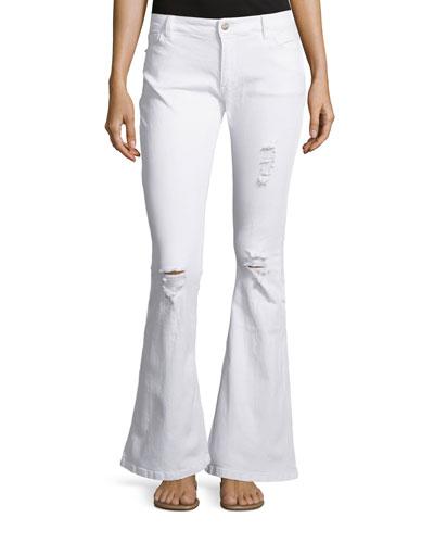 Canal Distressed Flare Jeans, Bleached White