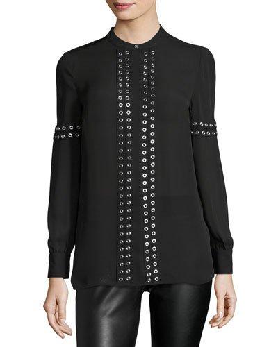 Grommet-trim Georgette Blouse, Black