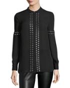 Grommet-trim Georgette Blouse, Black