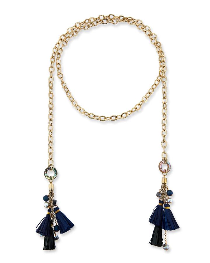 Chain & Raffia Tassel Lariat Necklace