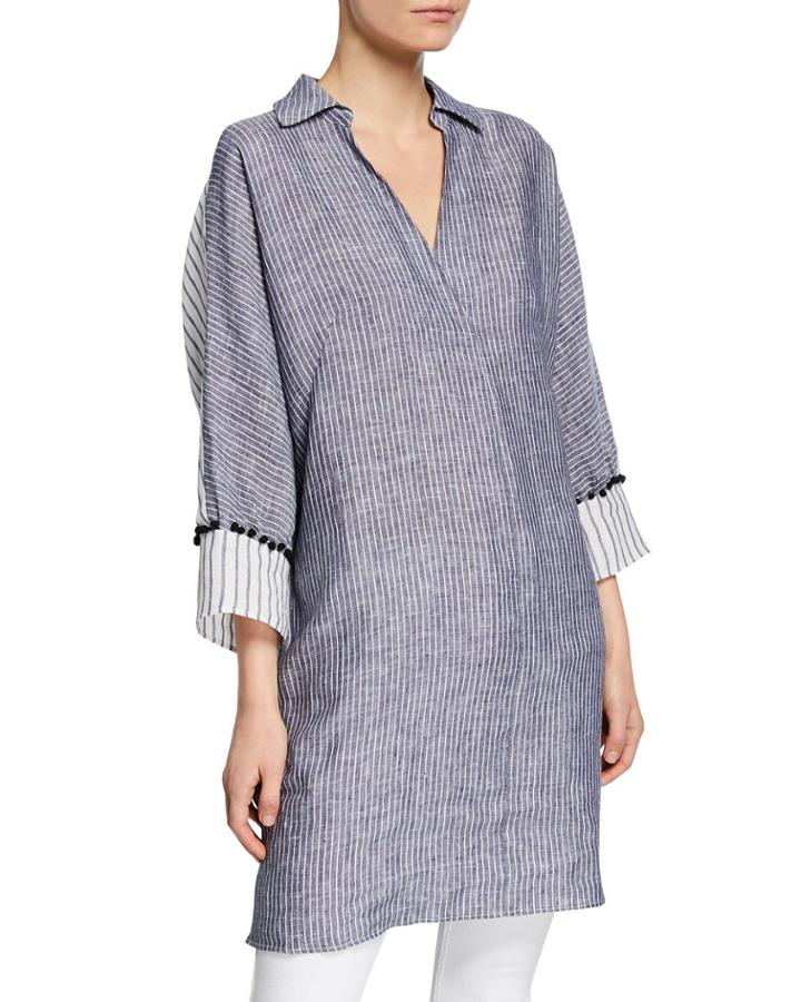 Linen Striped 3/4-sleeve Pompom Tunic