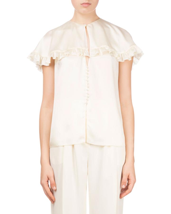 Piccio Ruffled Cape Drape-back Silk Cocktail Blouse