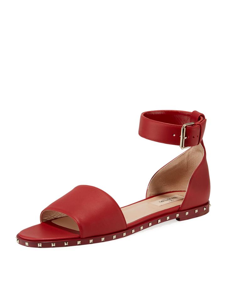 Rockstud Leather Ankle-strap Flat