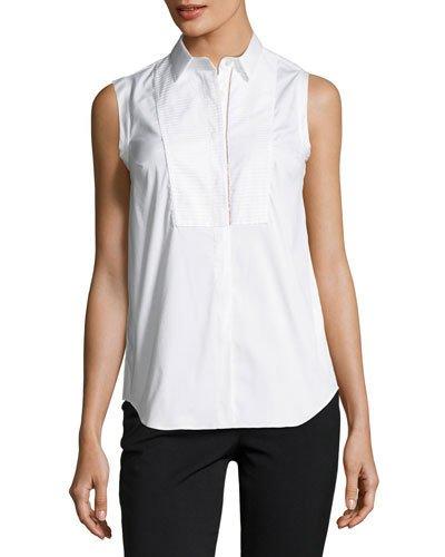Poplin Stretch Top W/ Plastron Pleated Detail