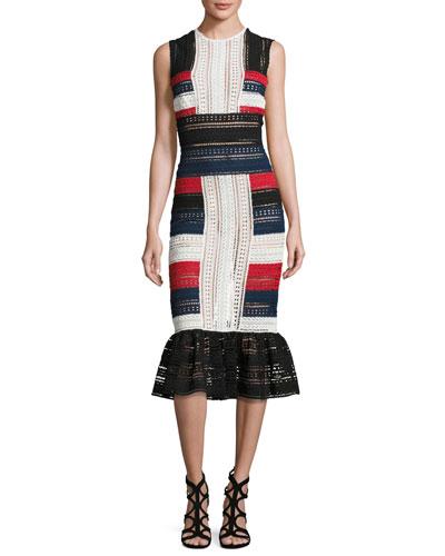 Striped Lace Sleeveless Sheath Dress, Red/ivory/navy