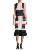 Striped Lace Sleeveless Sheath Dress, Red/ivory/navy