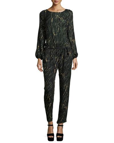 Long-sleeve Drawstring-waist Jumpsuit, Emerald